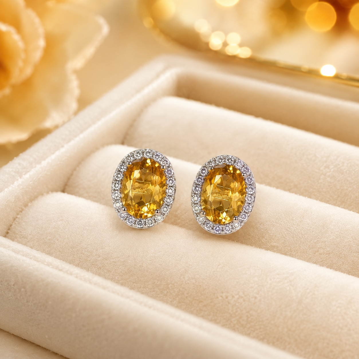 Natural Citrine Halo Stud Earrings in 925 Sterling Silver, 5x7mm Gemstones