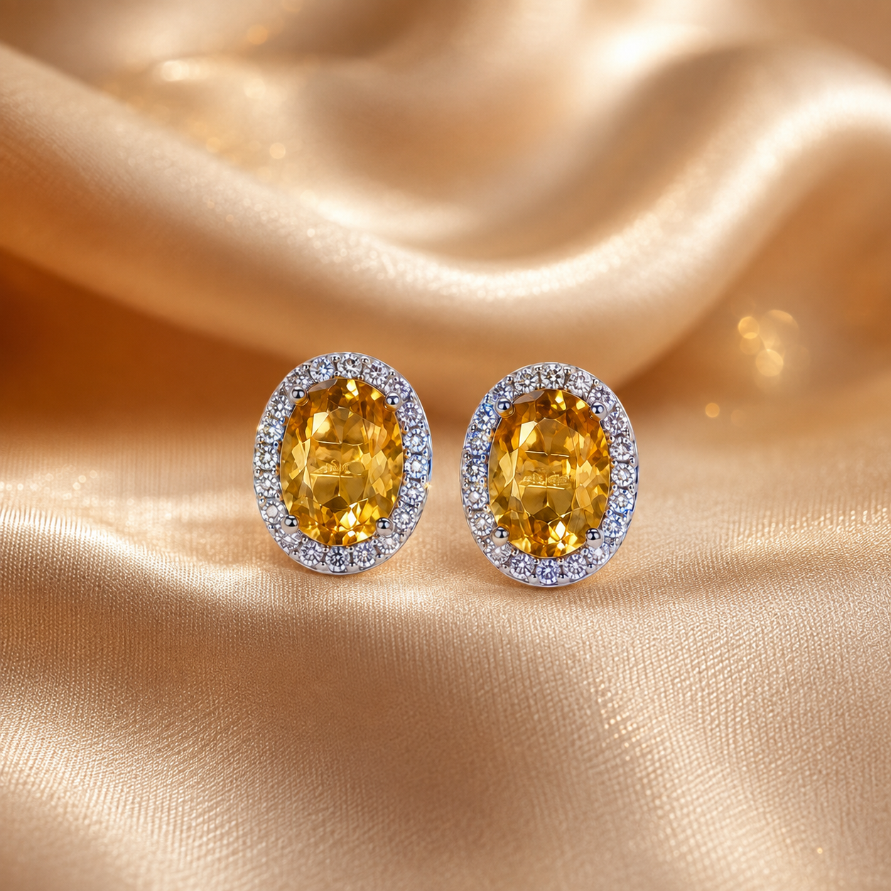 Natural Citrine Halo Stud Earrings in 925 Sterling Silver, 5x7mm Gemstones