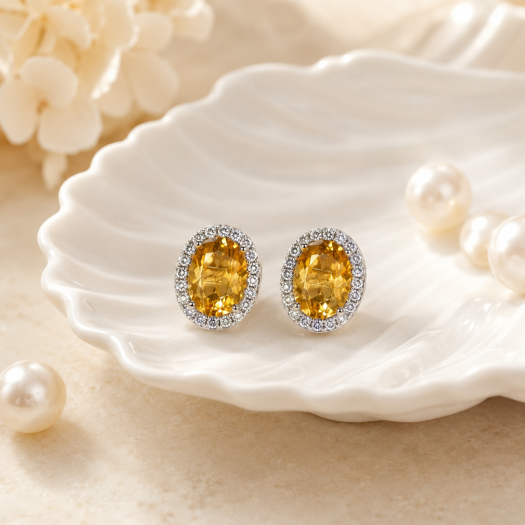 Natural Citrine Halo Stud Earrings in 925 Sterling Silver, 5x7mm Gemstones
