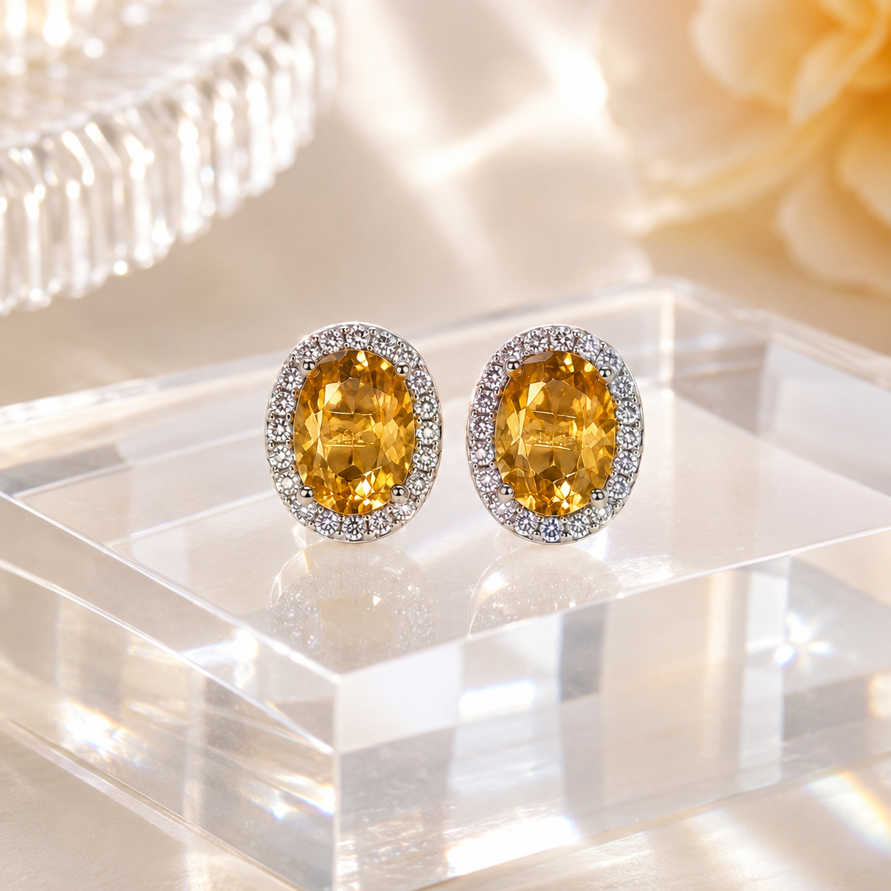 Natural Citrine Halo Stud Earrings in 925 Sterling Silver, 5x7mm Gemstones