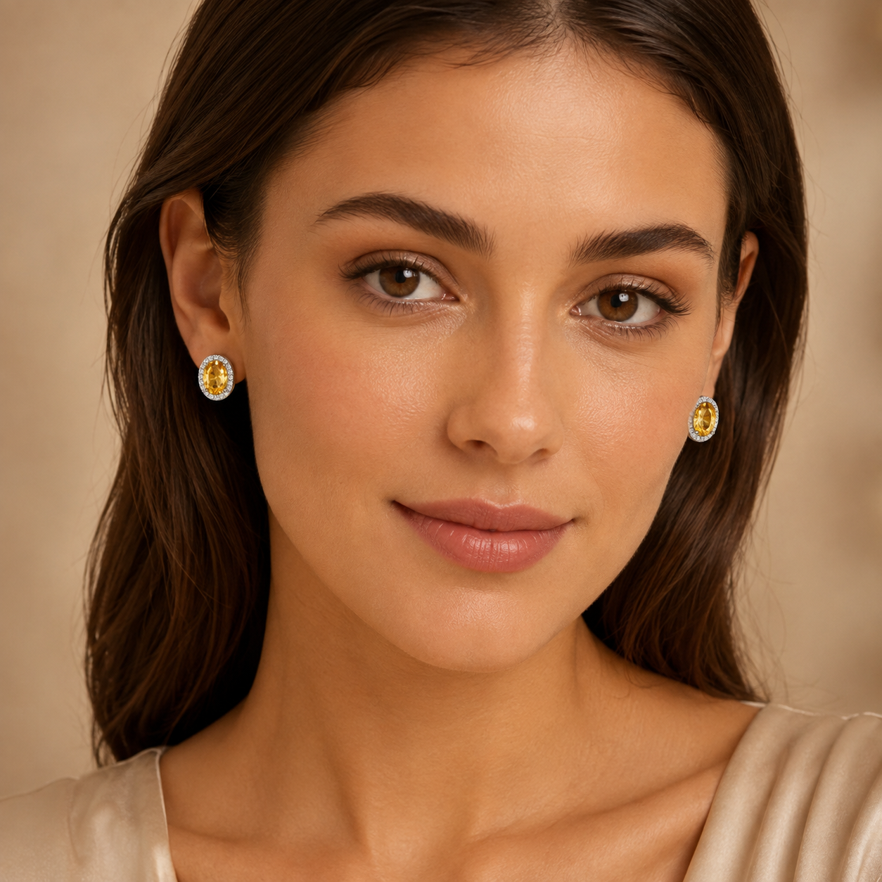 Natural Citrine Halo Stud Earrings in 925 Sterling Silver, 5x7mm Gemstones