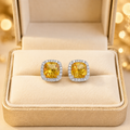 Natural Citrine Cushion Halo Stud Earrings in 925 Sterling Silver, 6mm Gemstones