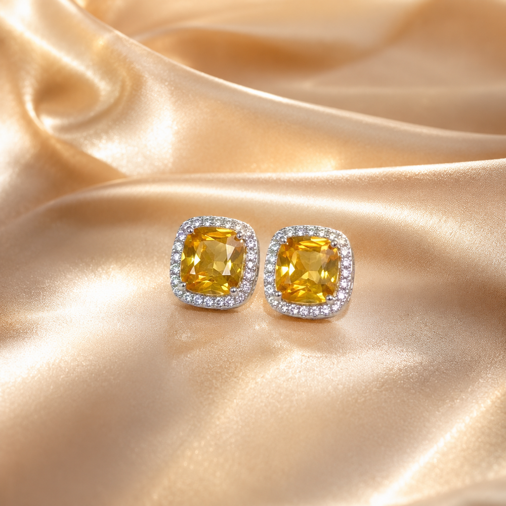 Natural Citrine Cushion Halo Stud Earrings in 925 Sterling Silver, 6mm Gemstones