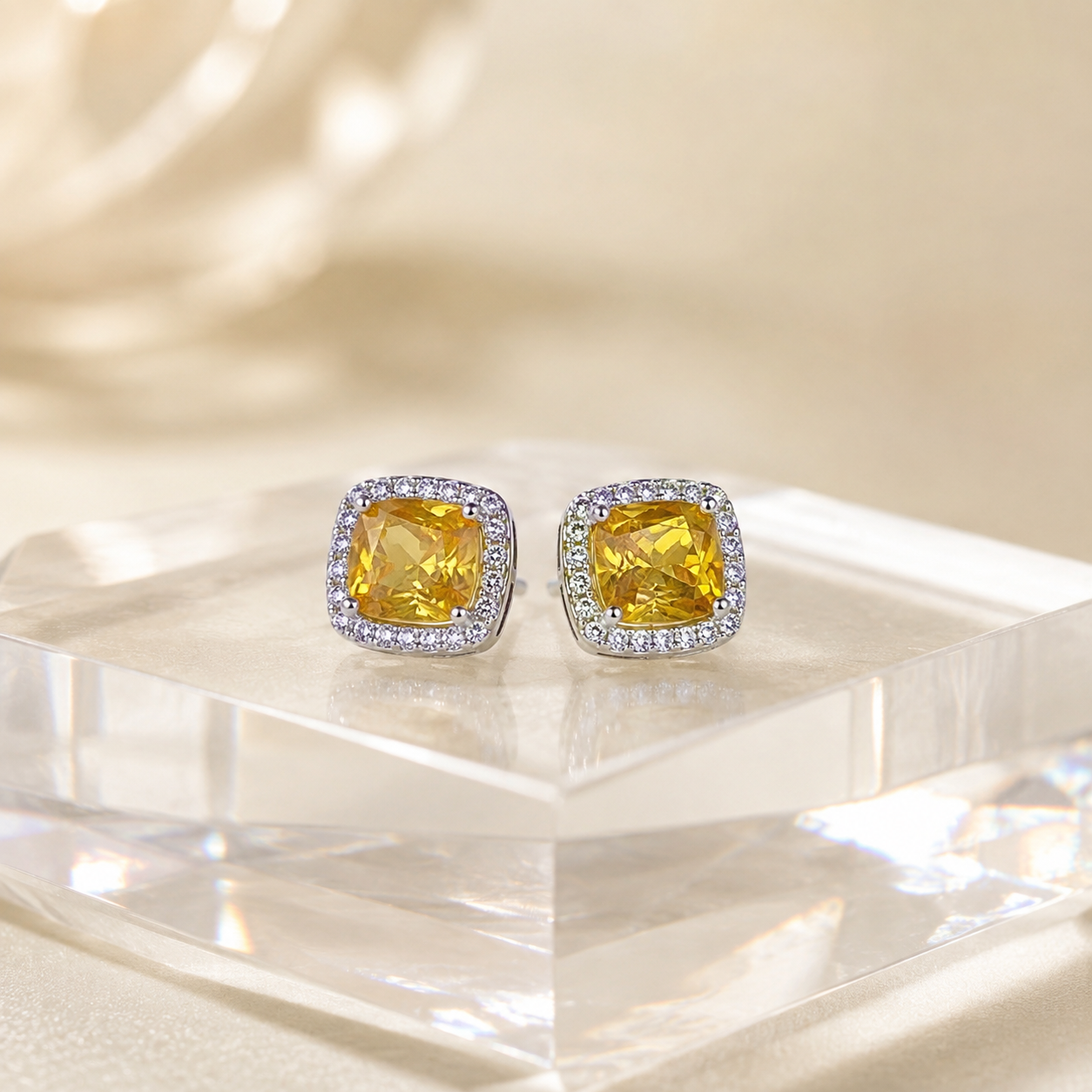 Natural Citrine Cushion Halo Stud Earrings in 925 Sterling Silver, 6mm Gemstones