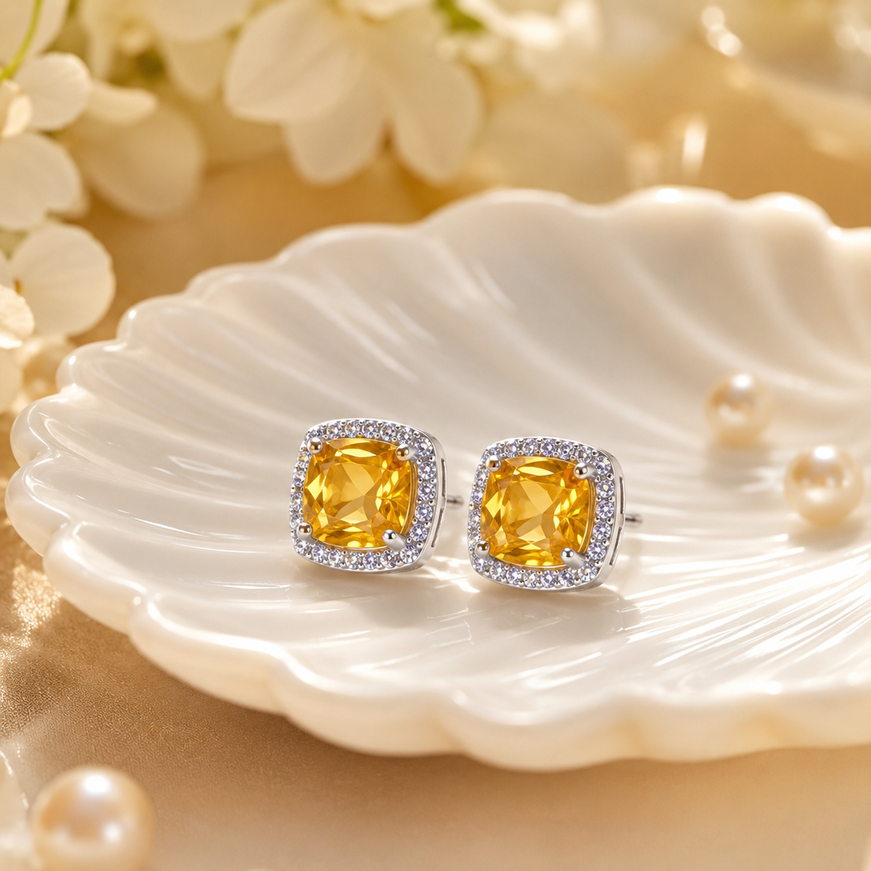 Natural Citrine Cushion Halo Stud Earrings in 925 Sterling Silver, 6mm Gemstones