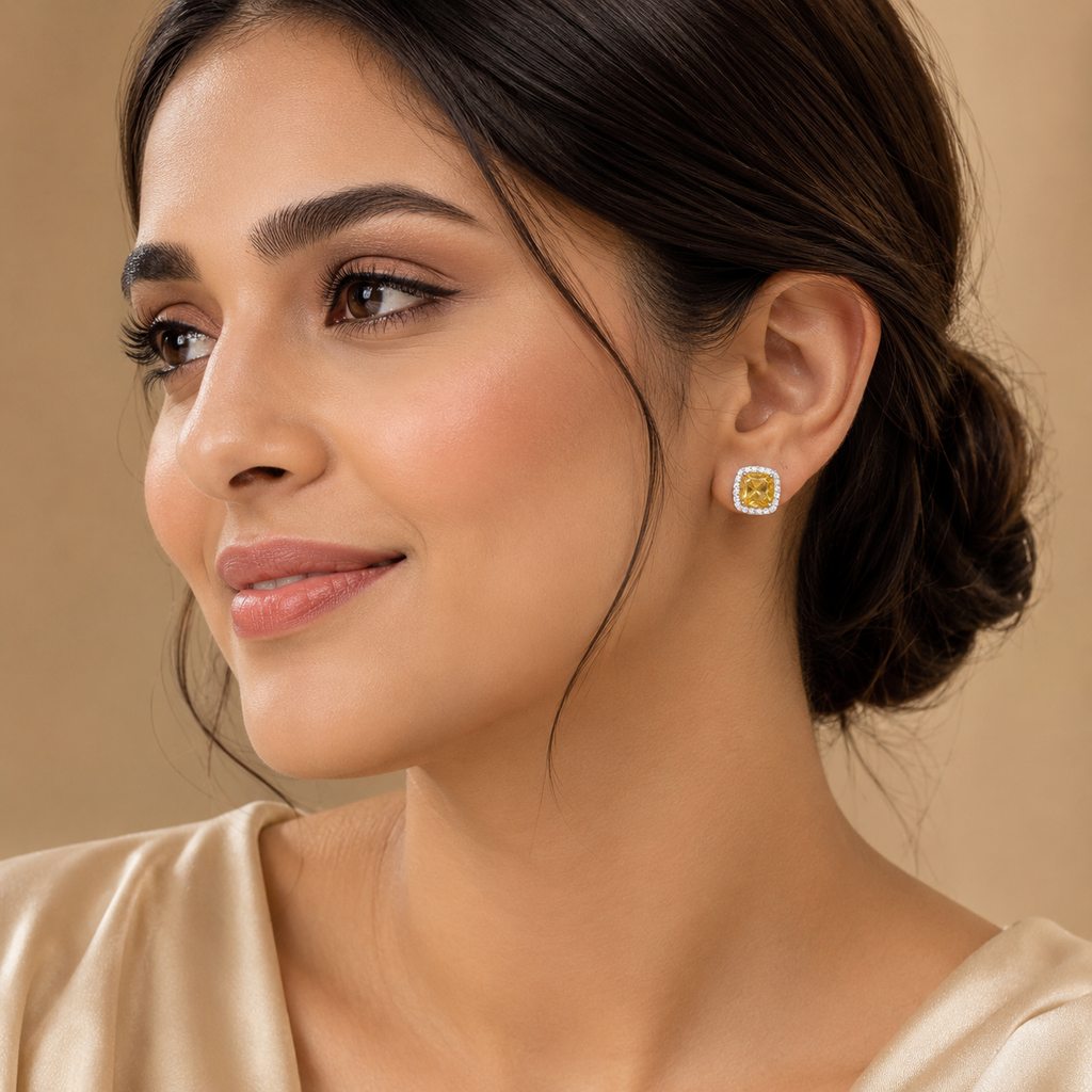 Natural Citrine Cushion Halo Stud Earrings in 925 Sterling Silver, 6mm Gemstones