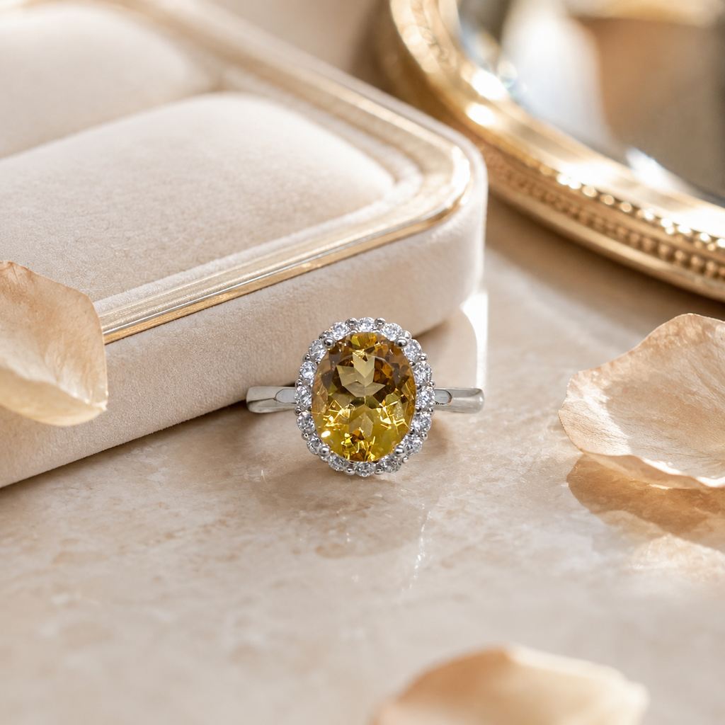 Natural Citrine Halo Ring in 925 Sterling Silver, 8x10mm Oval Gemstone