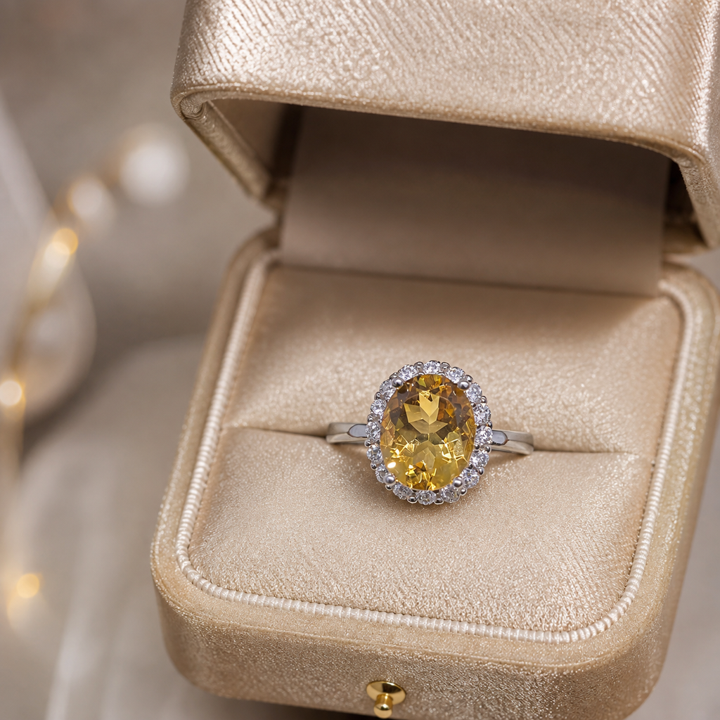 Natural Citrine Halo Ring in 925 Sterling Silver, 8x10mm Oval Gemstone
