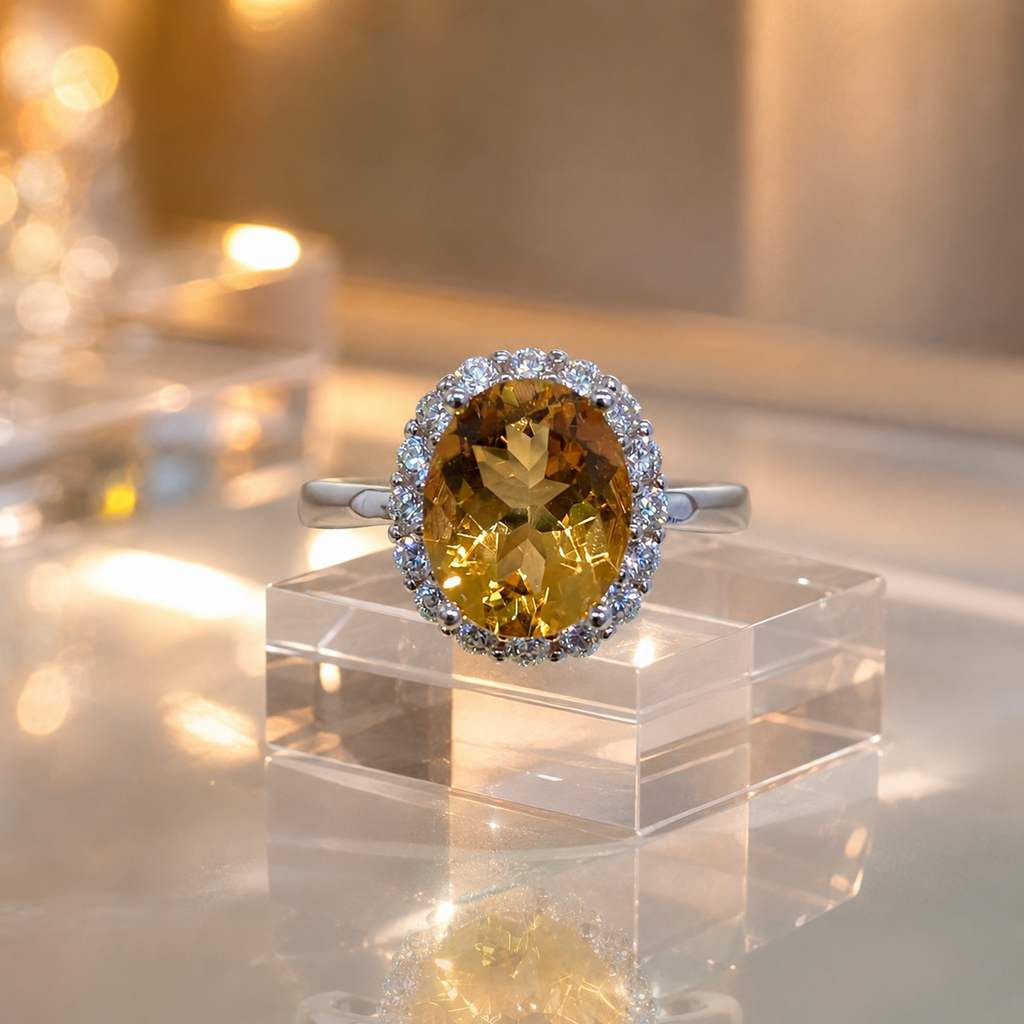 Natural Citrine Halo Ring in 925 Sterling Silver, 8x10mm Oval Gemstone