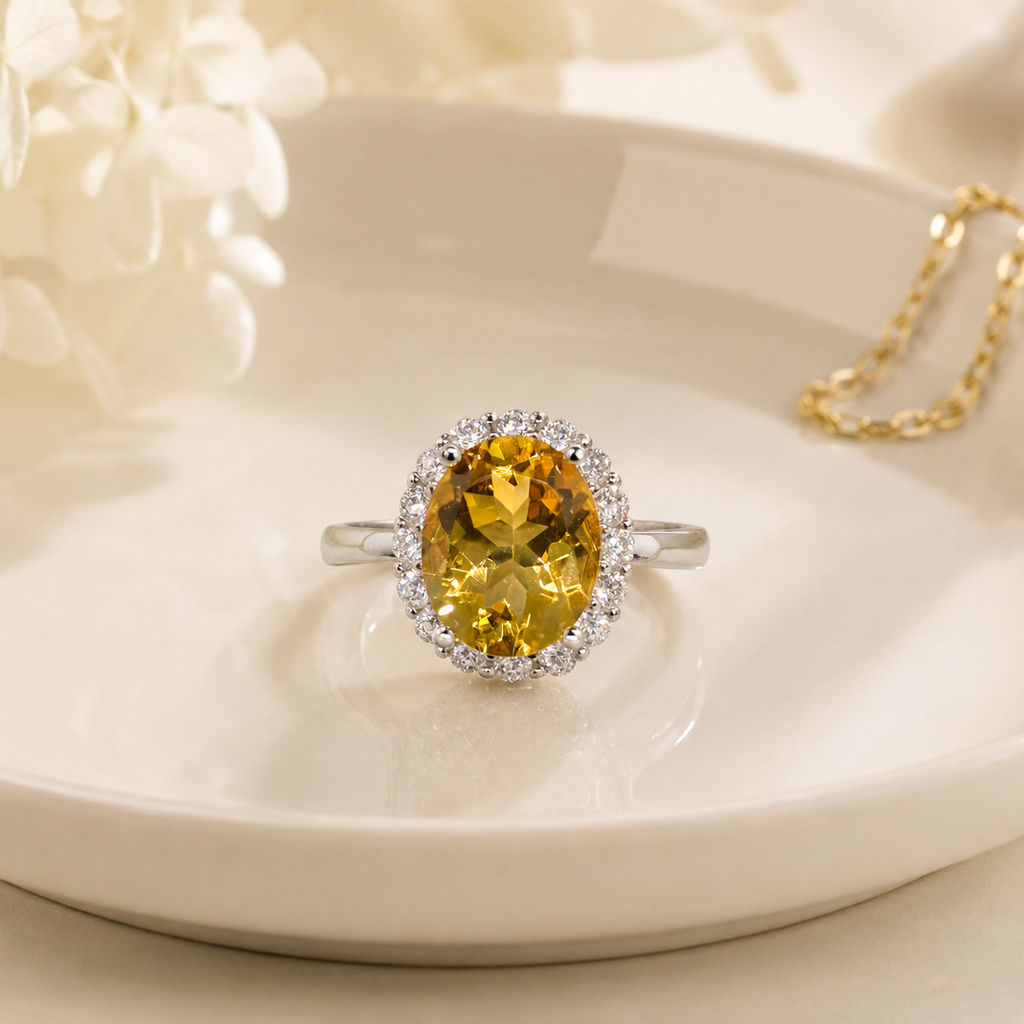 Natural Citrine Halo Ring in 925 Sterling Silver, 8x10mm Oval Gemstone