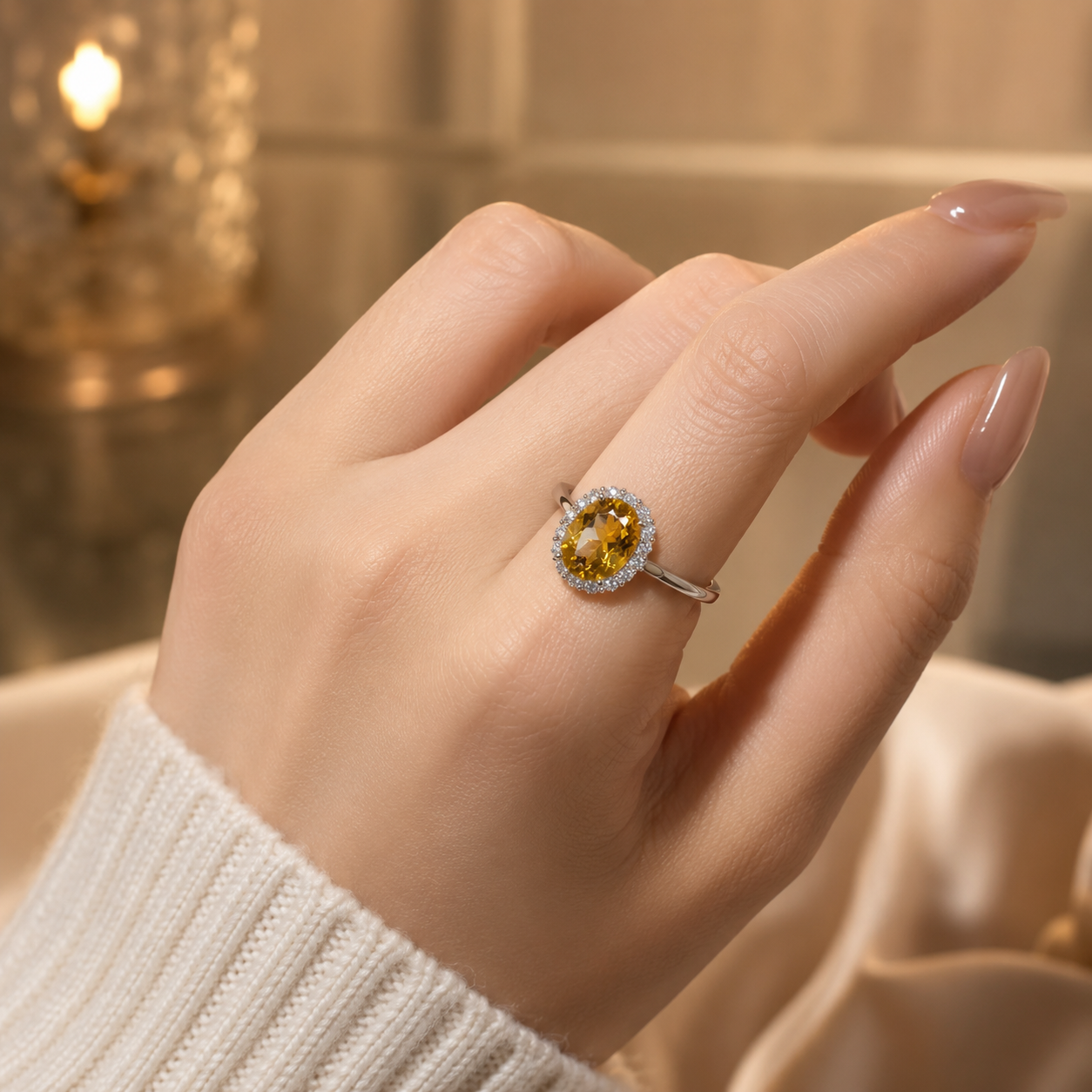 Natural Citrine Halo Ring in 925 Sterling Silver, 8x10mm Oval Gemstone