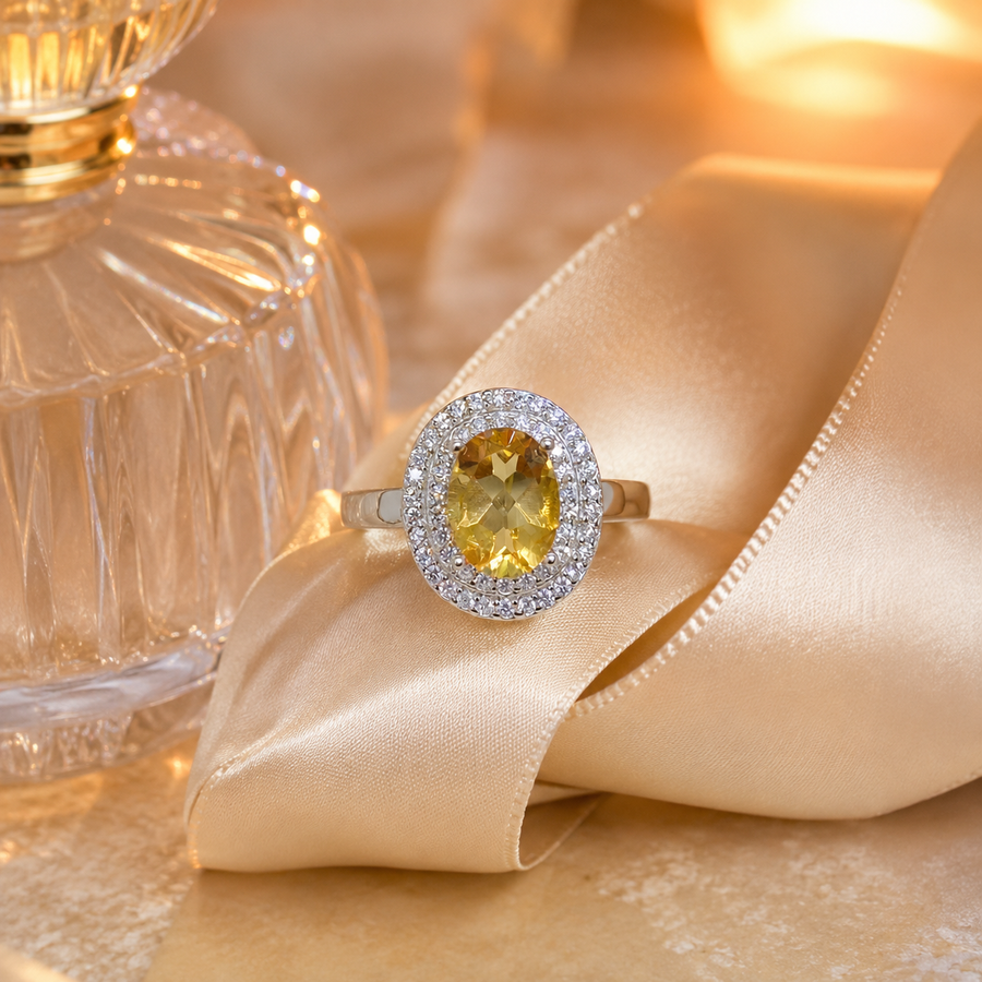 Natural Citrine Double Halo Ring in 925 Sterling Silver, 6x8mm Gemstone