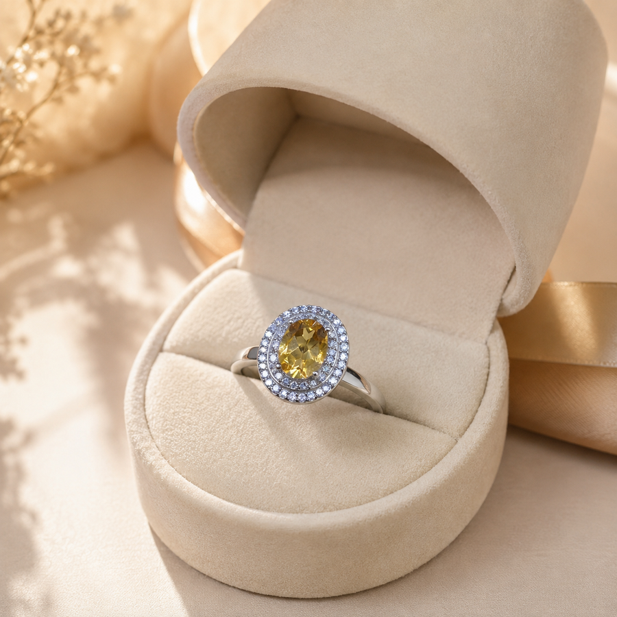 Natural Citrine Double Halo Ring in 925 Sterling Silver, 6x8mm Gemstone