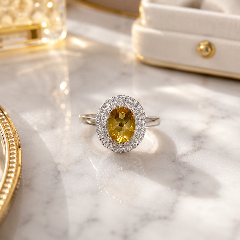 Natural Citrine Double Halo Ring in 925 Sterling Silver, 6x8mm Gemstone