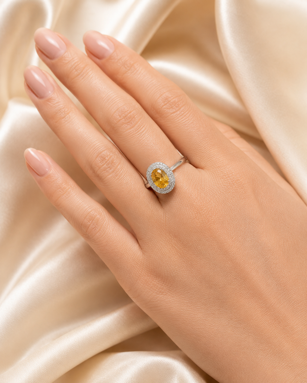 Natural Citrine Double Halo Ring in 925 Sterling Silver, 6x8mm Gemstone