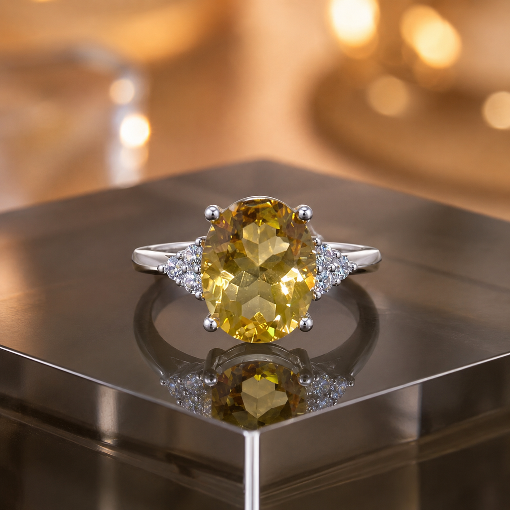 Natural Citrine Side-Accent Ring in 925 Sterling Silver, 8x10mm Oval Gemstone