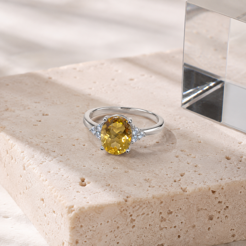 Natural Citrine Side-Accent Ring in 925 Sterling Silver, 8x10mm Oval Gemstone