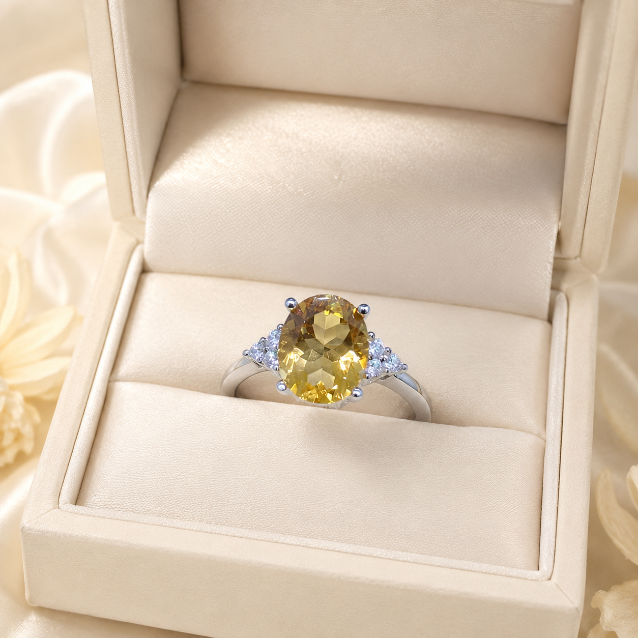 Natural Citrine Side-Accent Ring in 925 Sterling Silver, 8x10mm Oval Gemstone
