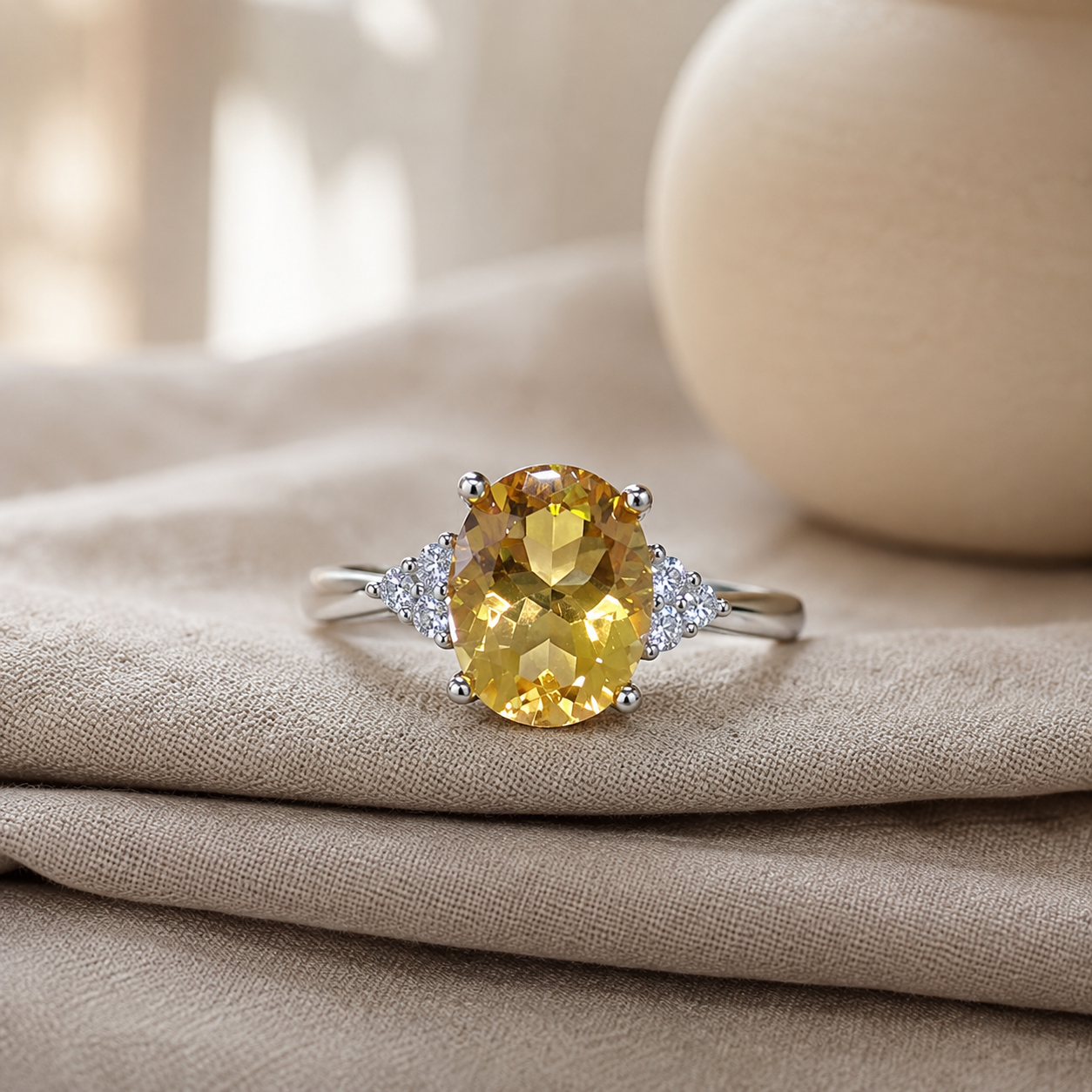 Natural Citrine Side-Accent Ring in 925 Sterling Silver, 8x10mm Oval Gemstone