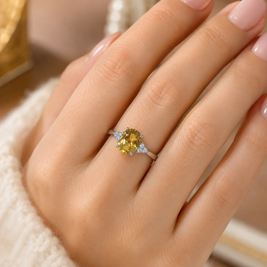 Natural Citrine Side-Accent Ring in 925 Sterling Silver, 8x10mm Oval Gemstone