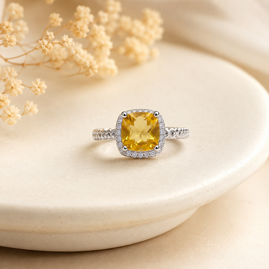 Natural Citrine Cushion Halo Ring in 925 Sterling Silver, 7mm Gemstone