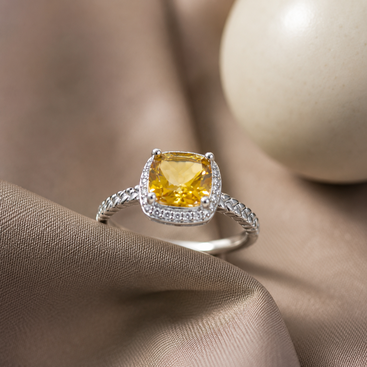 Natural Citrine Cushion Halo Ring in 925 Sterling Silver, 7mm Gemstone