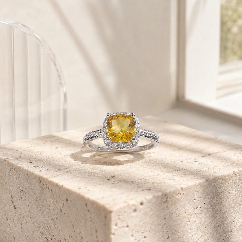 Natural Citrine Cushion Halo Ring in 925 Sterling Silver, 7mm Gemstone
