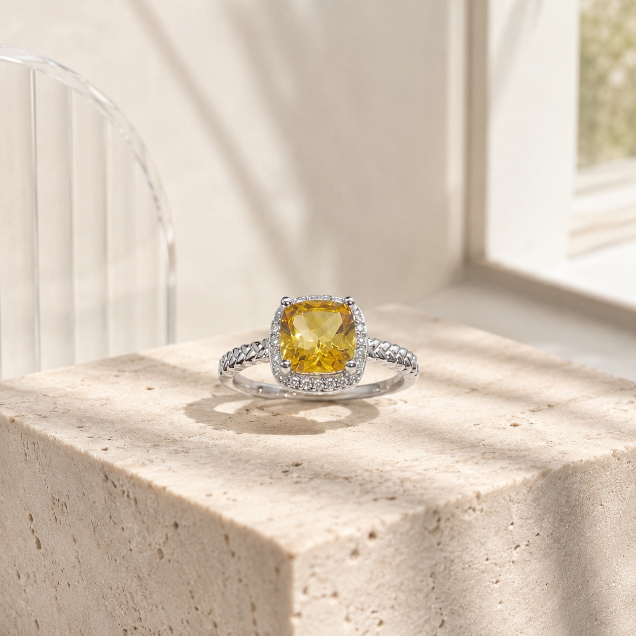 Natural Citrine Cushion Halo Ring in 925 Sterling Silver, 7mm Gemstone