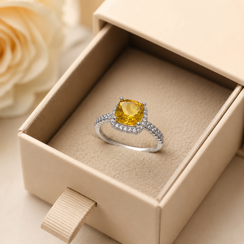 Natural Citrine Cushion Halo Ring in 925 Sterling Silver, 7mm Gemstone
