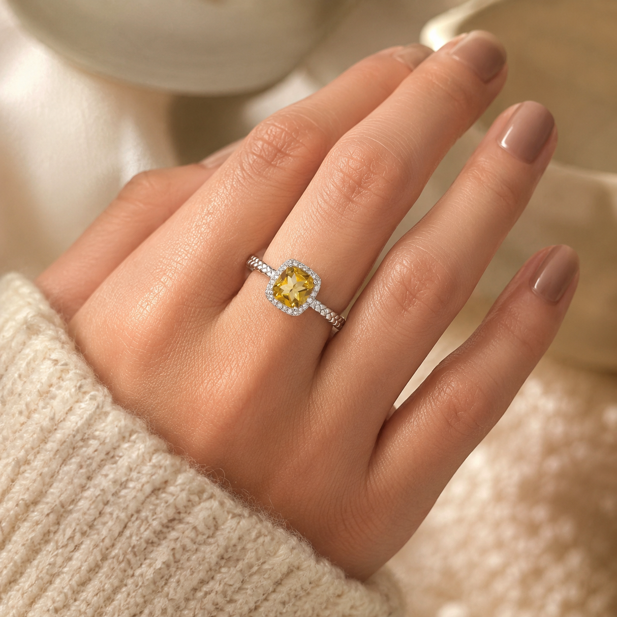 Natural Citrine Cushion Halo Ring in 925 Sterling Silver, 7mm Gemstone