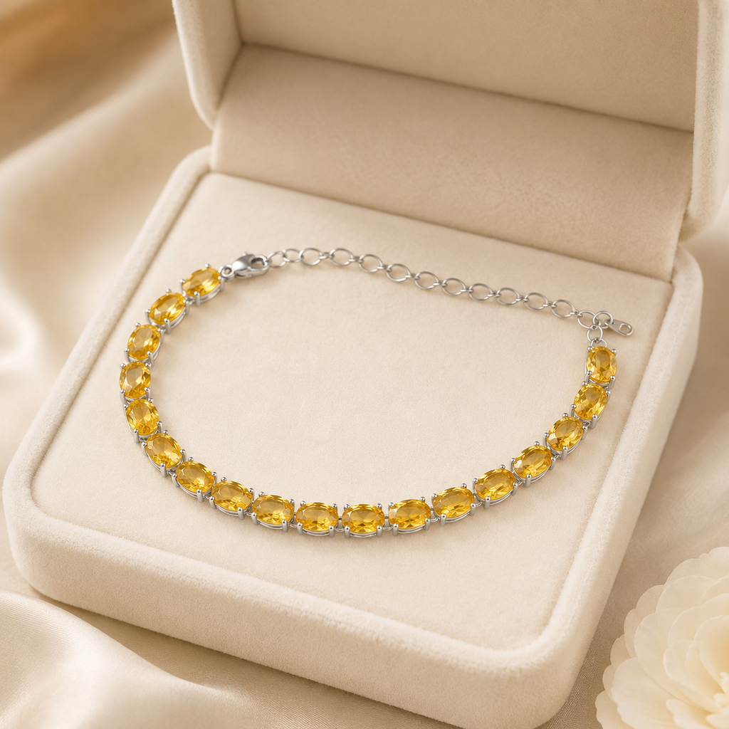 Natural Citrine Tennis Bracelet in 925 Sterling Silver, 5x7mm Oval Gemstones