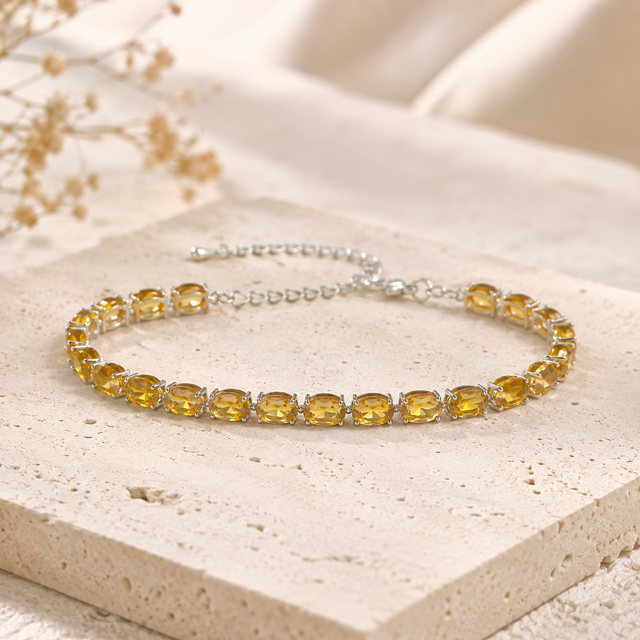 Natural Citrine Tennis Bracelet in 925 Sterling Silver, 5x7mm Oval Gemstones