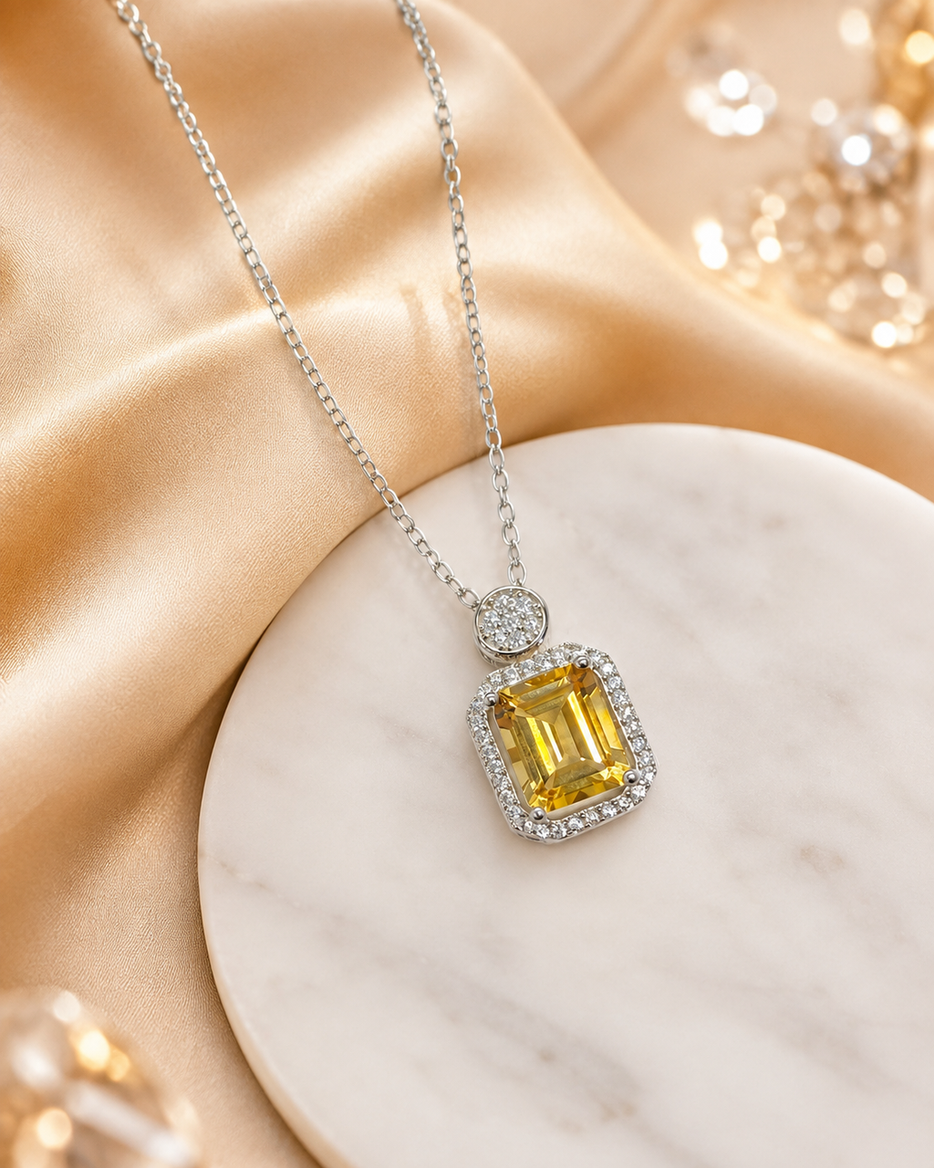 Natural Citrine Halo Pendant Necklace in 925 Sterling Silver, 7x9mm Rectangular Gemstone