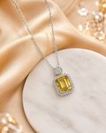 Natural Citrine Halo Pendant Necklace in 925 Sterling Silver, 7x9mm Rectangular Gemstone