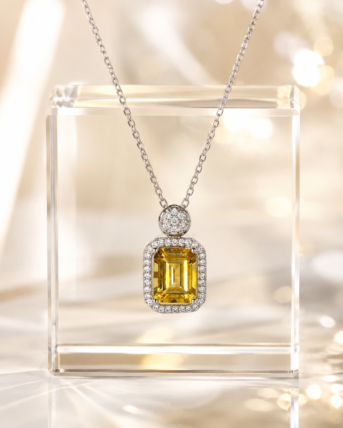 Natural Citrine Halo Pendant Necklace in 925 Sterling Silver, 7x9mm Rectangular Gemstone