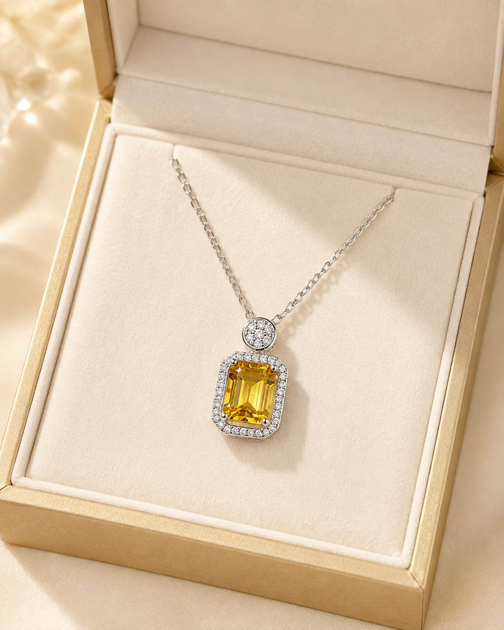 Natural Citrine Halo Pendant Necklace in 925 Sterling Silver, 7x9mm Rectangular Gemstone