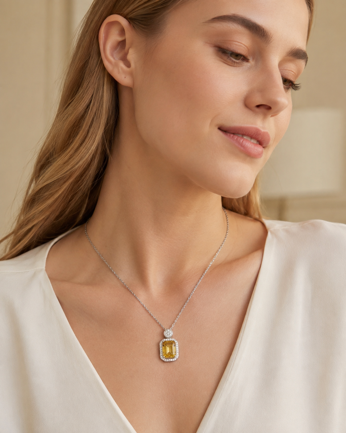 Natural Citrine Halo Pendant Necklace in 925 Sterling Silver, 7x9mm Rectangular Gemstone