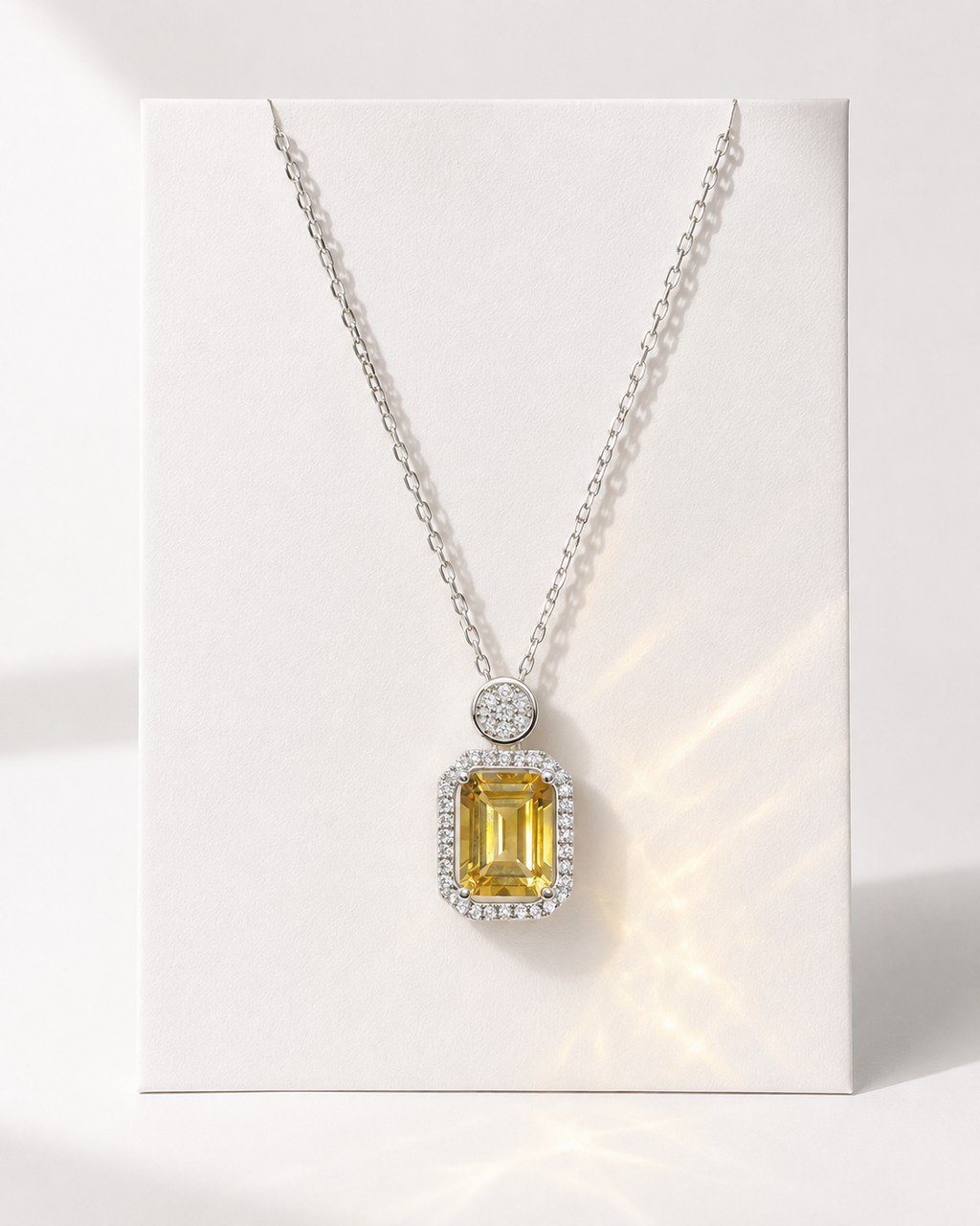 Natural Citrine Halo Pendant Necklace in 925 Sterling Silver, 7x9mm Rectangular Gemstone