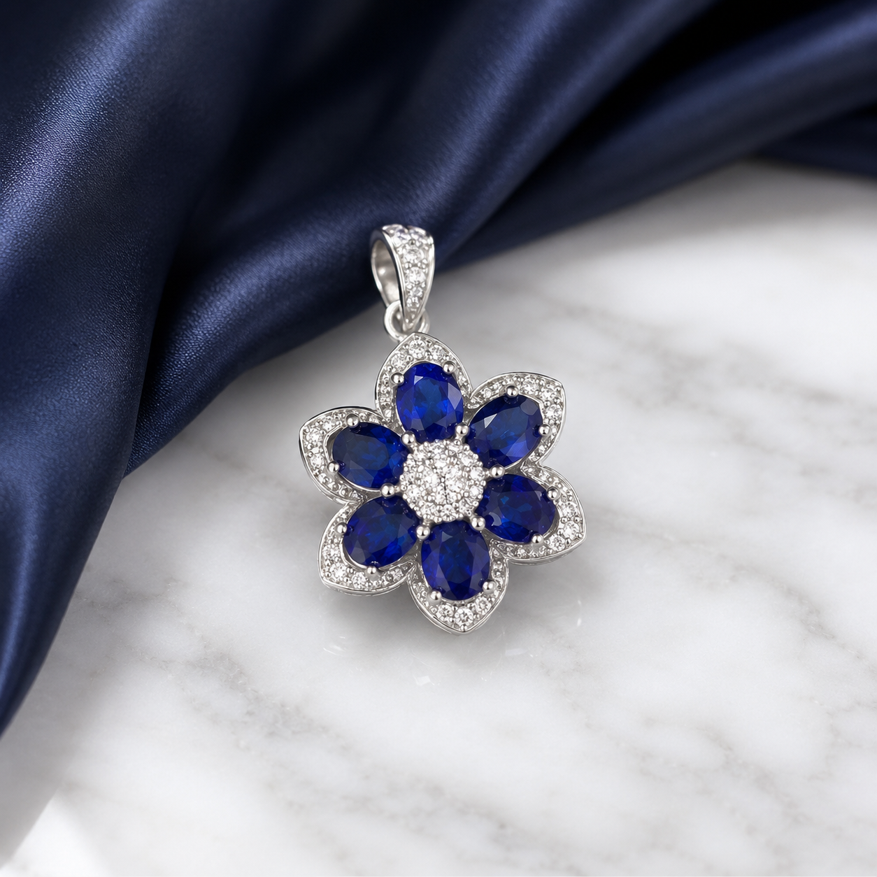 Natural Blue Sapphire Flower Pendant in 925 Sterling Silver, 4x5mm Gemstones