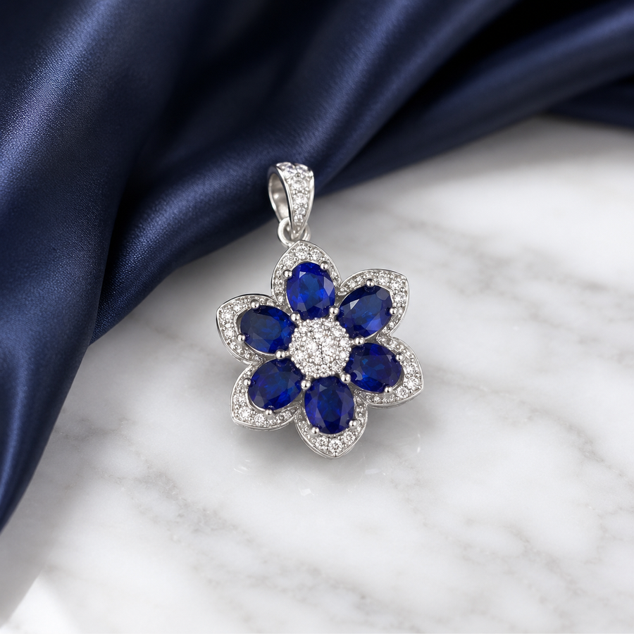 Natural Blue Sapphire Flower Pendant in 925 Sterling Silver, 4x5mm Gemstones