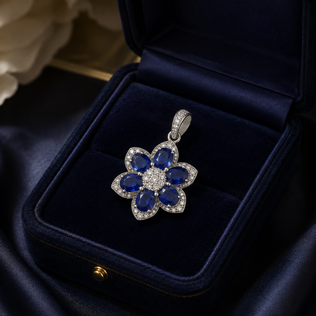 Natural Blue Sapphire Flower Pendant in 925 Sterling Silver, 4x5mm Gemstones