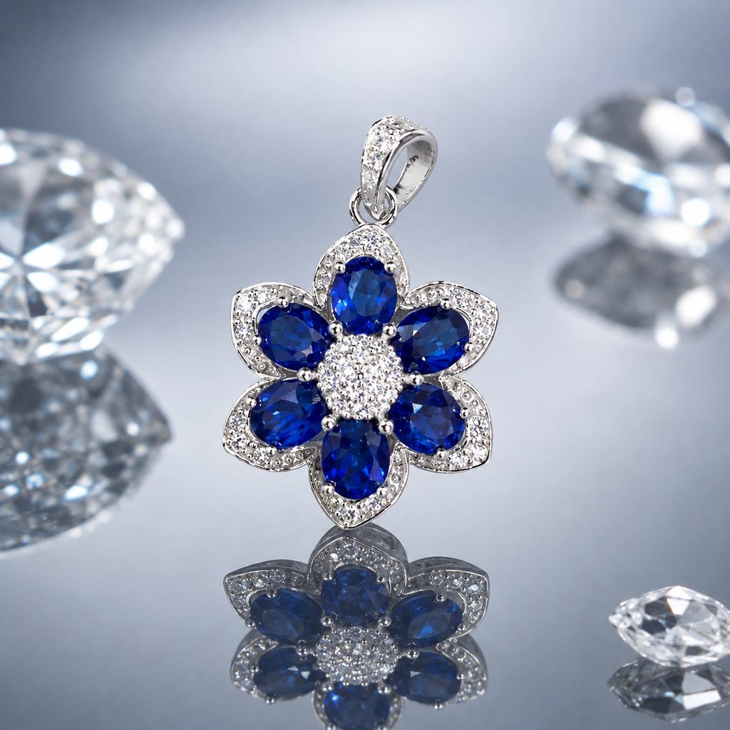 Natural Blue Sapphire Flower Pendant in 925 Sterling Silver, 4x5mm Gemstones