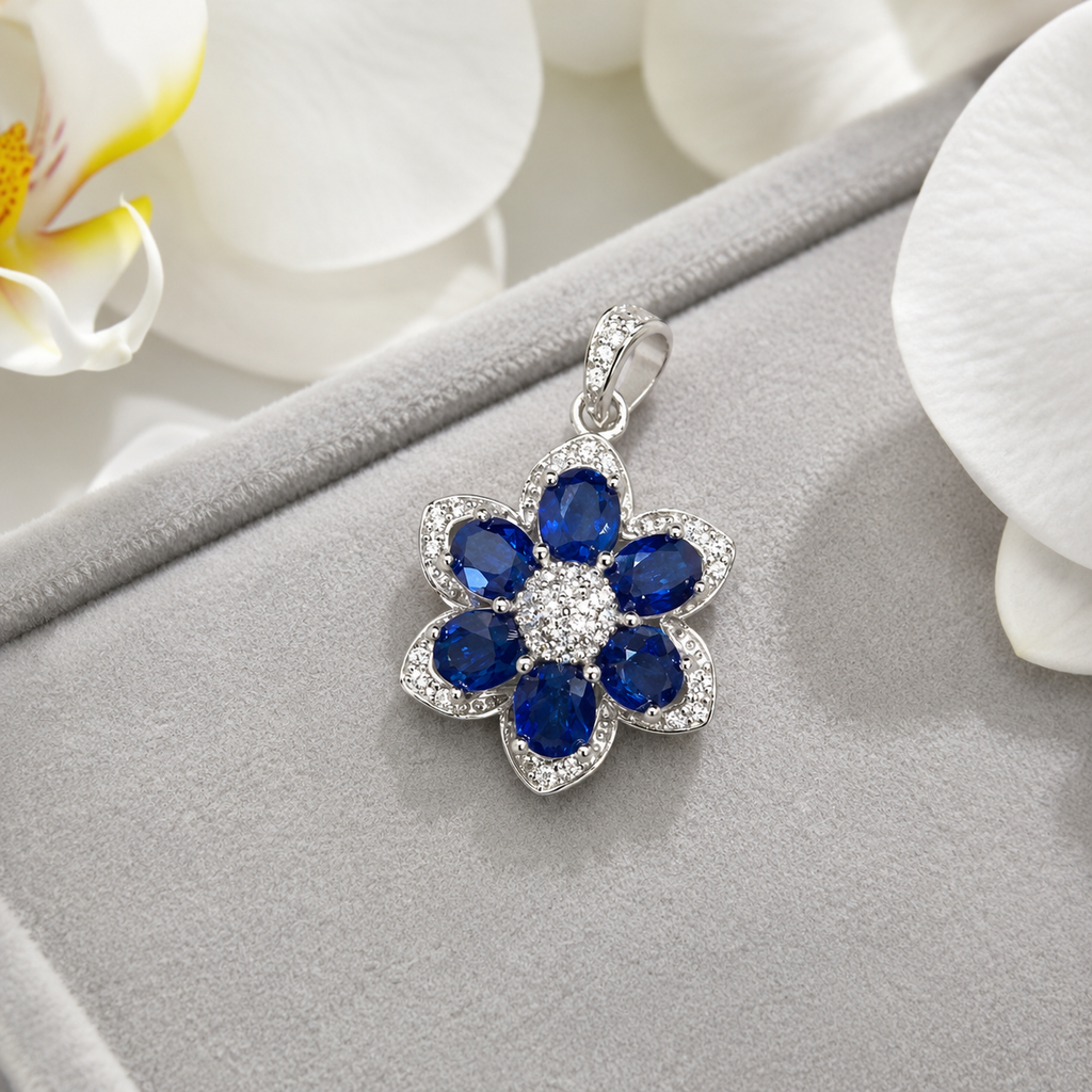 Natural Blue Sapphire Flower Pendant in 925 Sterling Silver, 4x5mm Gemstones
