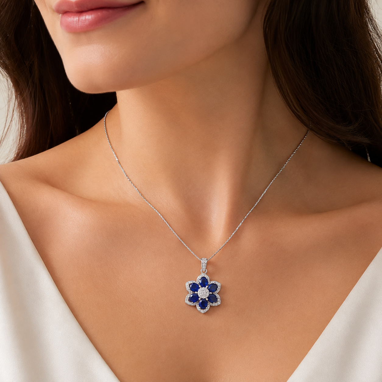 Natural Blue Sapphire Flower Pendant in 925 Sterling Silver, 4x5mm Gemstones