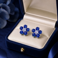 Natural Blue Sapphire Floral Stud Earrings in 925 Sterling Silver, 3.5mm Gemstones