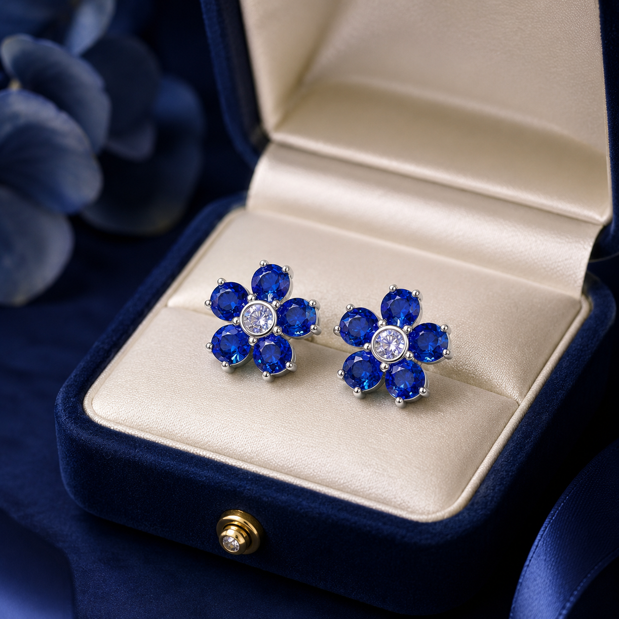 Natural Blue Sapphire Floral Stud Earrings in 925 Sterling Silver, 3.5mm Gemstones