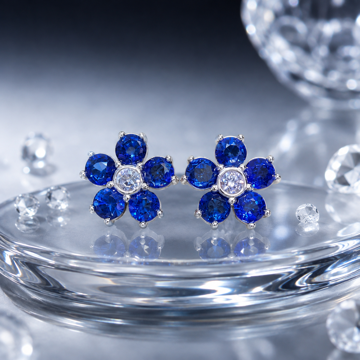 Natural Blue Sapphire Floral Stud Earrings in 925 Sterling Silver, 3.5mm Gemstones