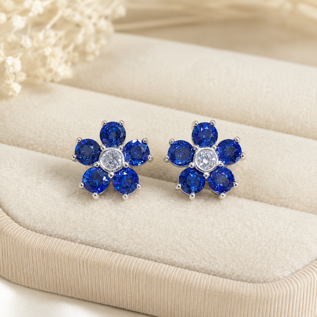 Natural Blue Sapphire Floral Stud Earrings in 925 Sterling Silver, 3.5mm Gemstones