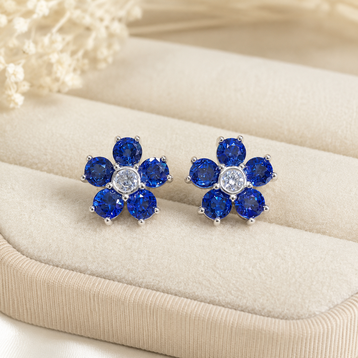 Natural Blue Sapphire Floral Stud Earrings in 925 Sterling Silver, 3.5mm Gemstones
