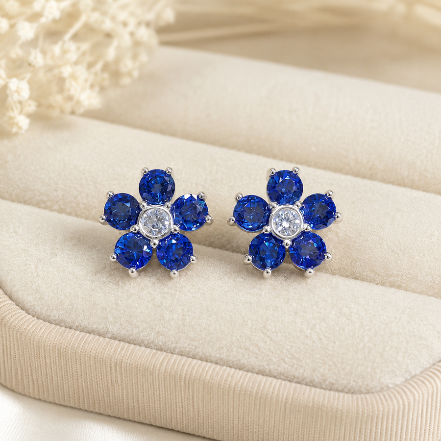 Natural Blue Sapphire Floral Stud Earrings in 925 Sterling Silver, 3.5mm Gemstones